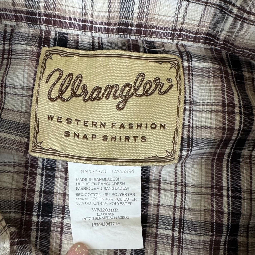 Wrangler Western Fashion Mens Brown Plaid Pearl Snap Short Sleeve Shirt L - Picture 3 of 6